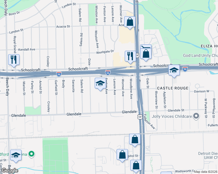 map of restaurants, bars, coffee shops, grocery stores, and more near 13543 Lenore in Redford Charter Township