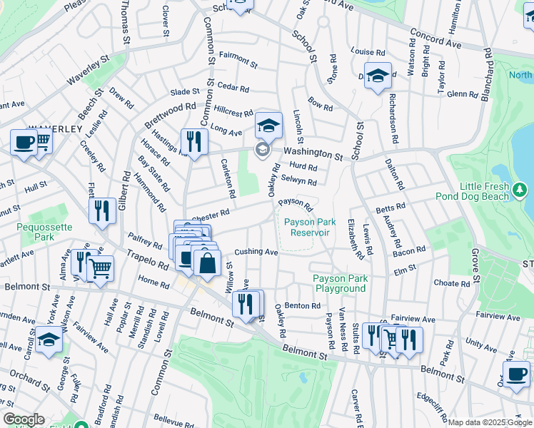 map of restaurants, bars, coffee shops, grocery stores, and more near 106 Payson Road in Belmont