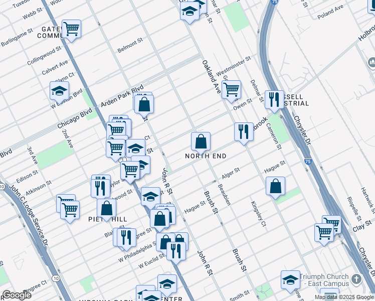 map of restaurants, bars, coffee shops, grocery stores, and more near 329 Josephine Street in Detroit