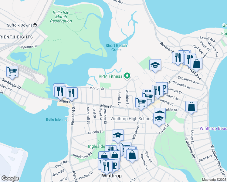 map of restaurants, bars, coffee shops, grocery stores, and more near 142 Morton Street in Winthrop