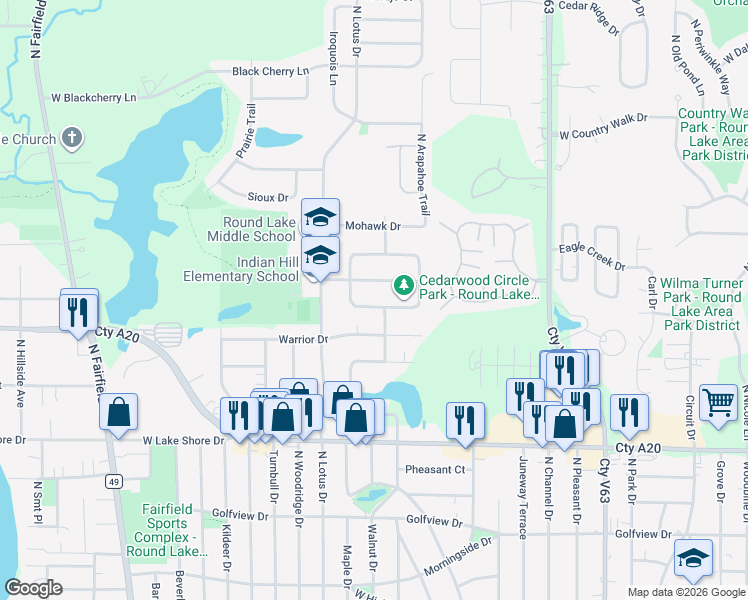 map of restaurants, bars, coffee shops, grocery stores, and more near 705 Turkey Run Drive in Round Lake Heights