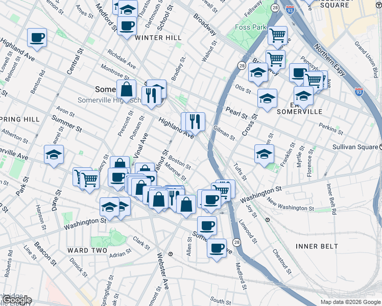 map of restaurants, bars, coffee shops, grocery stores, and more near 26 Hamlet Street in Somerville
