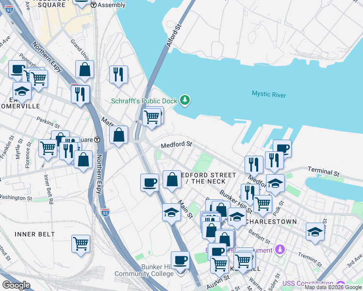 map of restaurants, bars, coffee shops, grocery stores, and more near 523 Medford Street in Boston