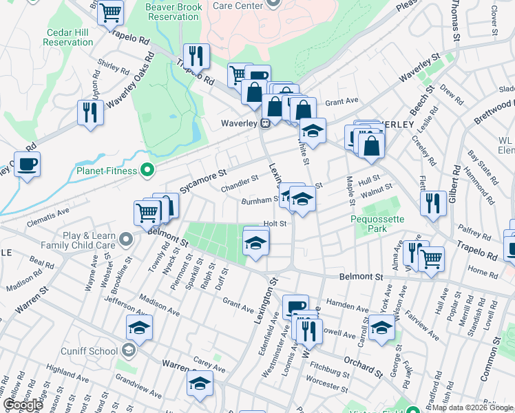 map of restaurants, bars, coffee shops, grocery stores, and more near 43 Burnham Street in Belmont
