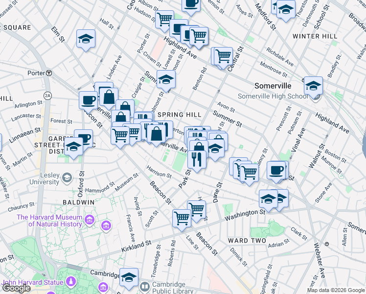 map of restaurants, bars, coffee shops, grocery stores, and more near 555 Somerville Avenue in Somerville