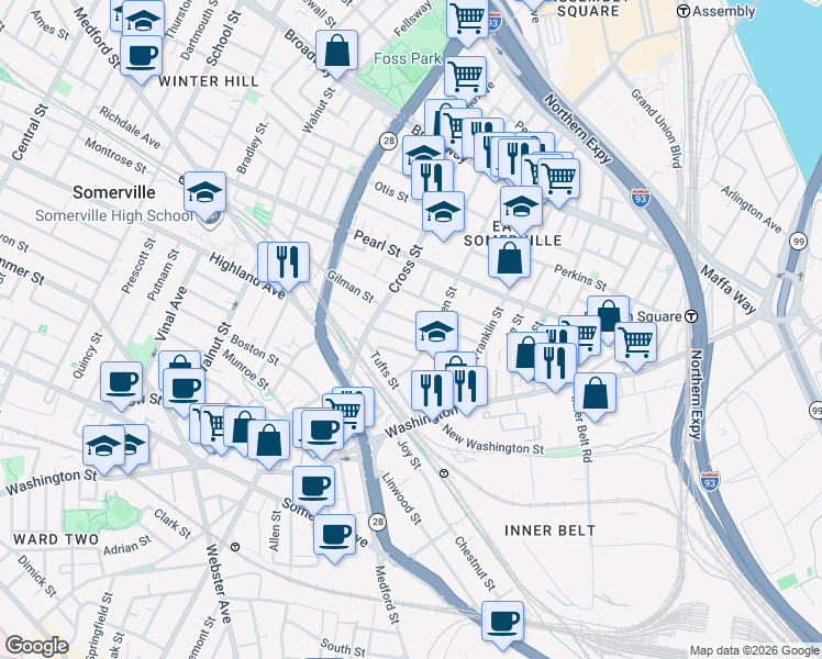 map of restaurants, bars, coffee shops, grocery stores, and more near 47 Oliver Street in Somerville