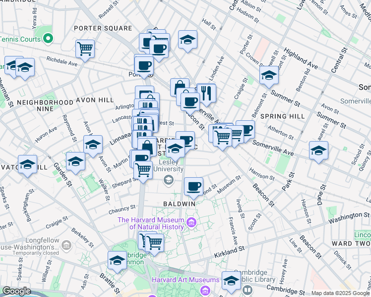 map of restaurants, bars, coffee shops, grocery stores, and more near Oxford Street & Eustis Street in Cambridge