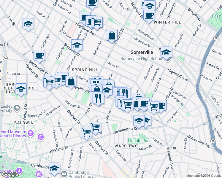map of restaurants, bars, coffee shops, grocery stores, and more near 25 Laurel Street in Somerville