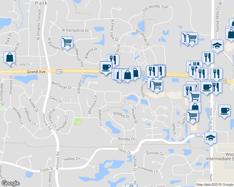 map of restaurants, bars, coffee shops, grocery stores, and more near 7041 Buchanan Drive in Gurnee
