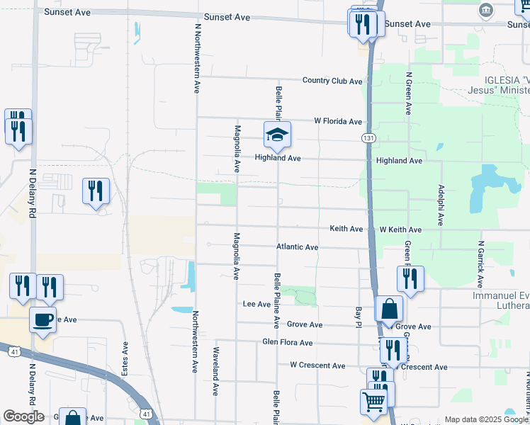 map of restaurants, bars, coffee shops, grocery stores, and more near 3625 Johns Manville Avenue in Gurnee