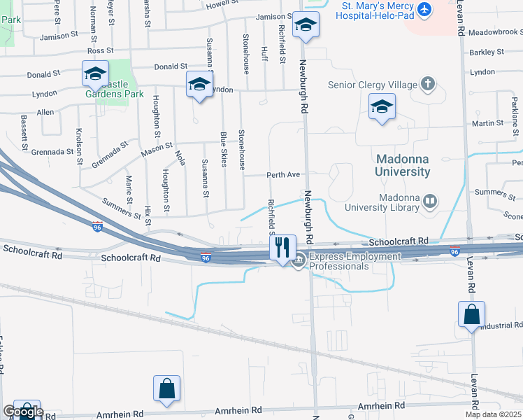 map of restaurants, bars, coffee shops, grocery stores, and more near 14075 Richfield Street in Livonia
