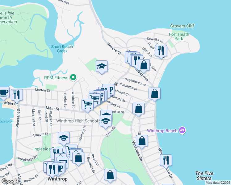map of restaurants, bars, coffee shops, grocery stores, and more near 3 Locust Street in Winthrop