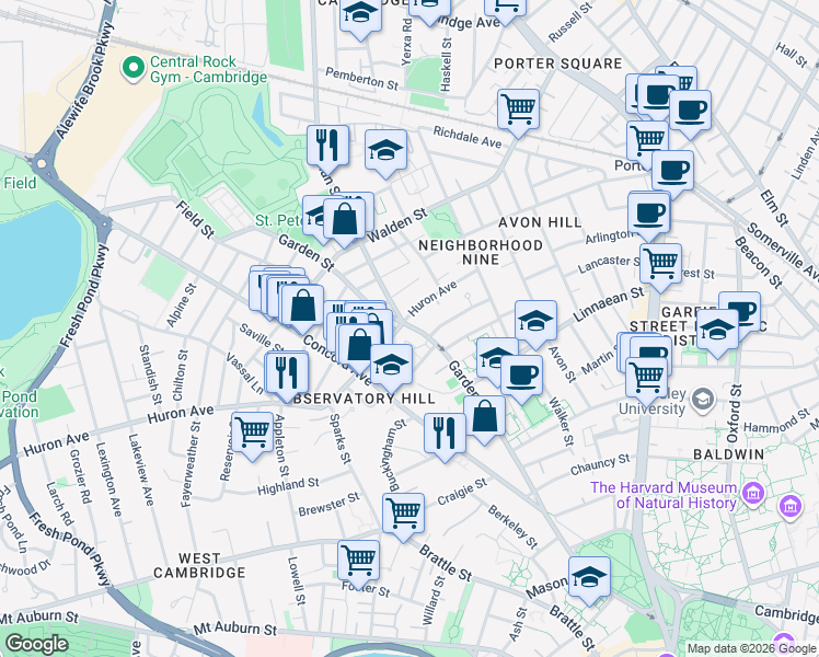 map of restaurants, bars, coffee shops, grocery stores, and more near 100 Garden Street in Cambridge