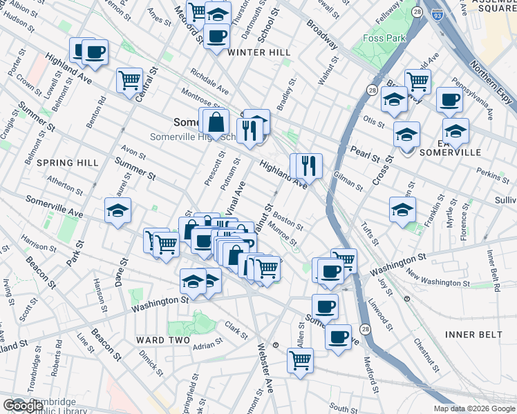 map of restaurants, bars, coffee shops, grocery stores, and more near in Somerville