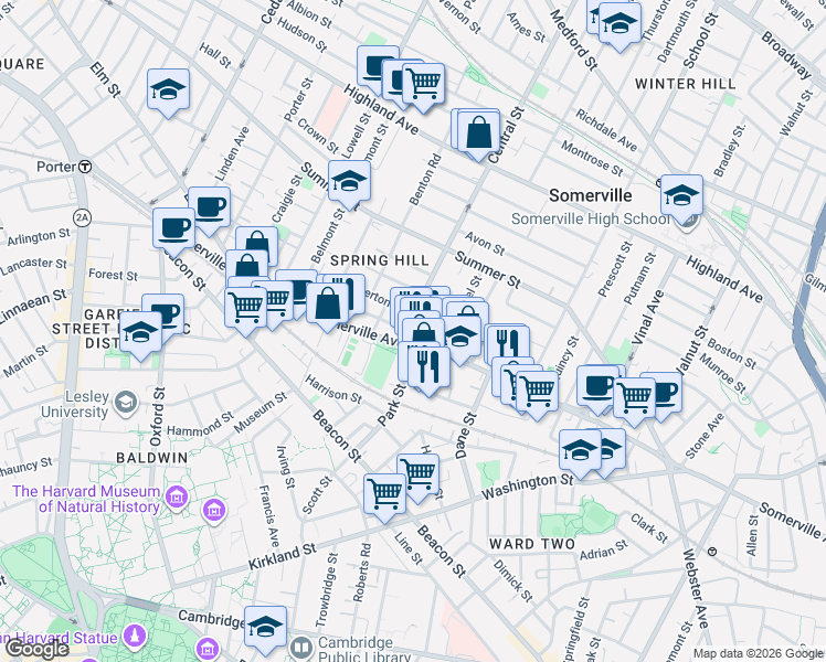 map of restaurants, bars, coffee shops, grocery stores, and more near 9 Central Street in Somerville