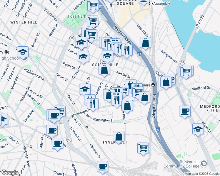 map of restaurants, bars, coffee shops, grocery stores, and more near 48 Florence Street in Somerville