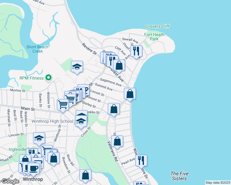 map of restaurants, bars, coffee shops, grocery stores, and more near 69 Summit Avenue in Winthrop