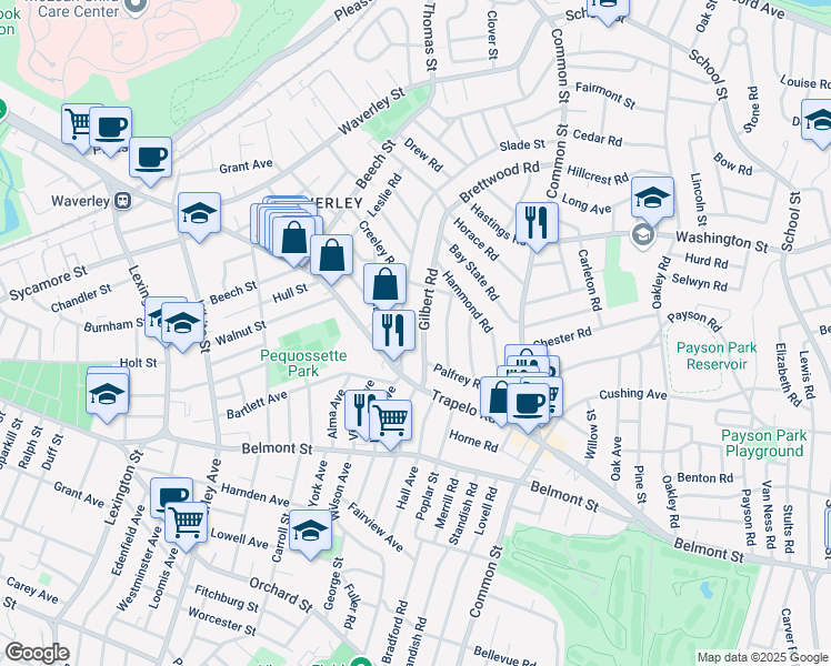 map of restaurants, bars, coffee shops, grocery stores, and more near 52 Gilbert Road in Belmont