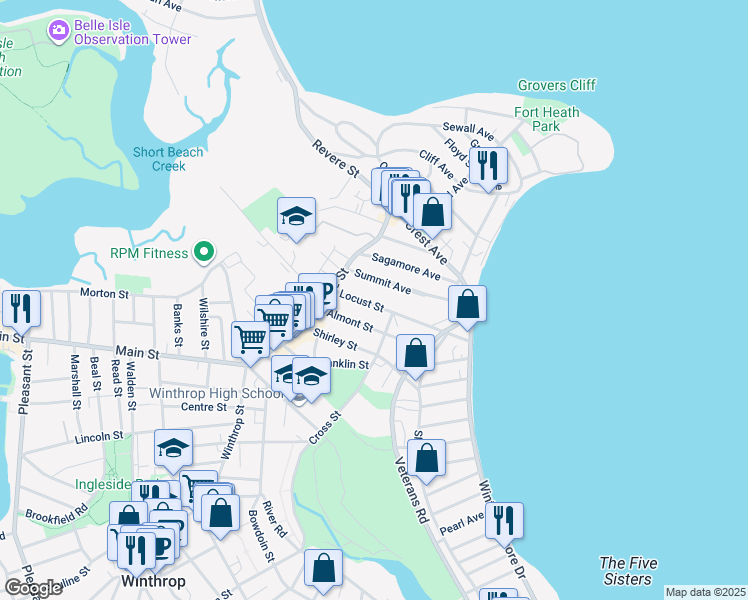 map of restaurants, bars, coffee shops, grocery stores, and more near 46 Locust Street in Winthrop