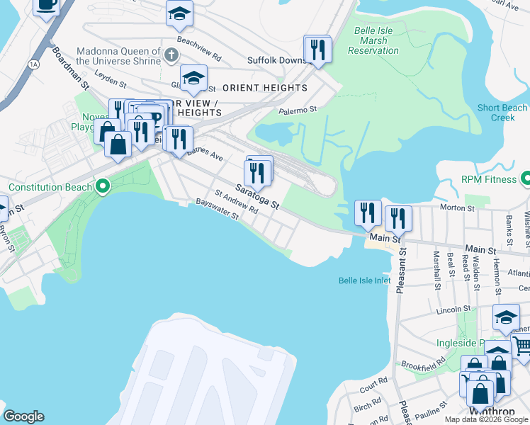 map of restaurants, bars, coffee shops, grocery stores, and more near 1144 Saratoga Street in Boston