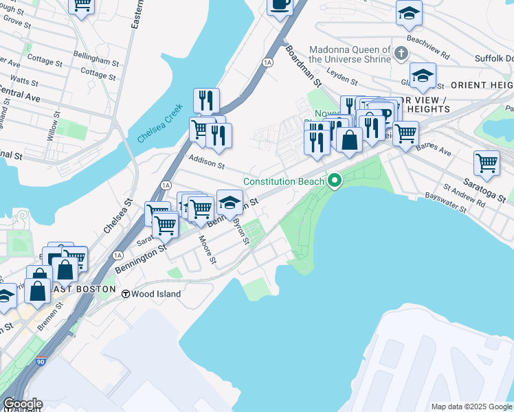 map of restaurants, bars, coffee shops, grocery stores, and more near 669 Massachusetts 145 in Boston