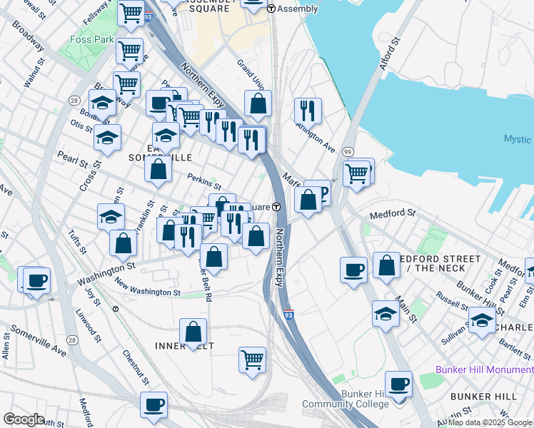 map of restaurants, bars, coffee shops, grocery stores, and more near 35a Brighton Street in Boston