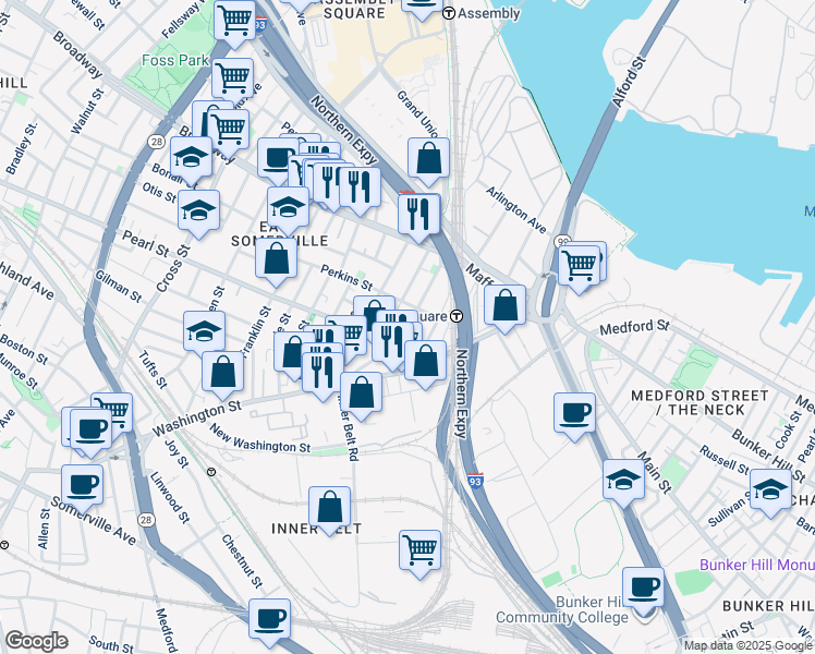 map of restaurants, bars, coffee shops, grocery stores, and more near 18 Parker Street in Boston