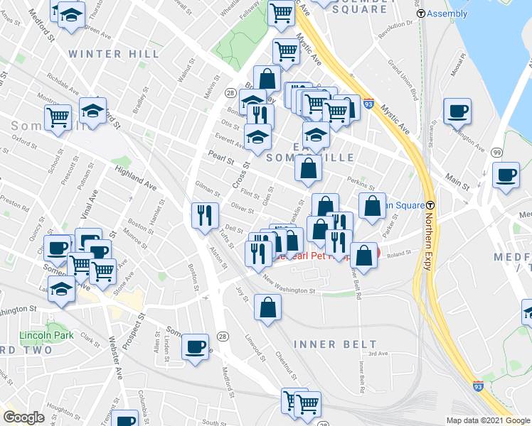 map of restaurants, bars, coffee shops, grocery stores, and more near 28 Flint Street in Somerville