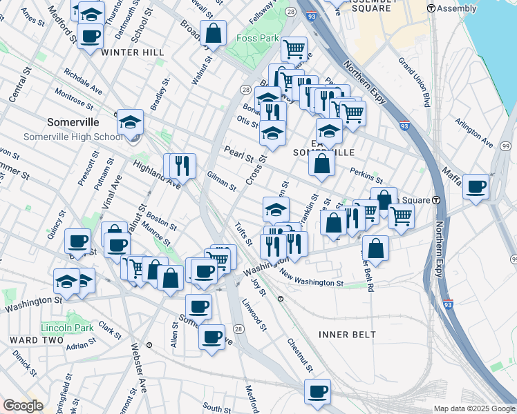 map of restaurants, bars, coffee shops, grocery stores, and more near 47 Oliver Street in Somerville