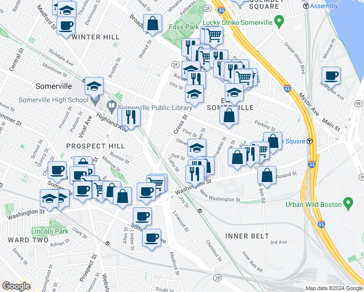 map of restaurants, bars, coffee shops, grocery stores, and more near 47 Oliver Street in Somerville