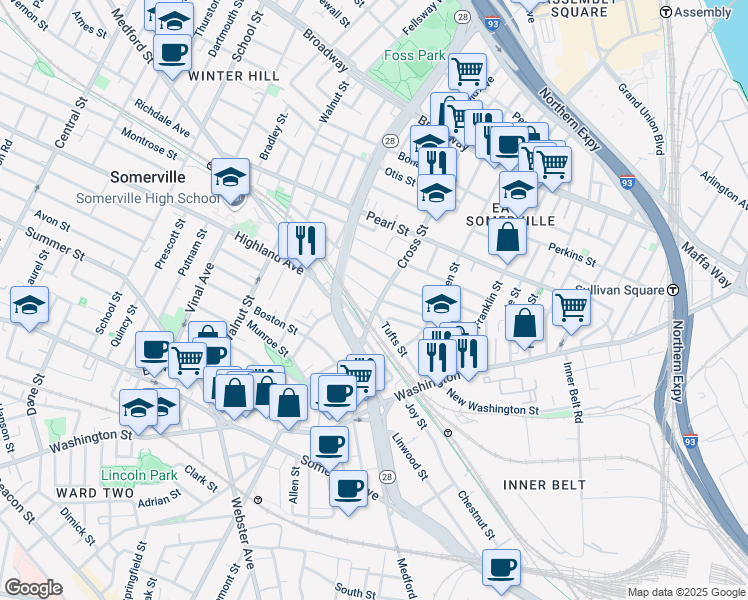 map of restaurants, bars, coffee shops, grocery stores, and more near 115 Cross Street in Somerville