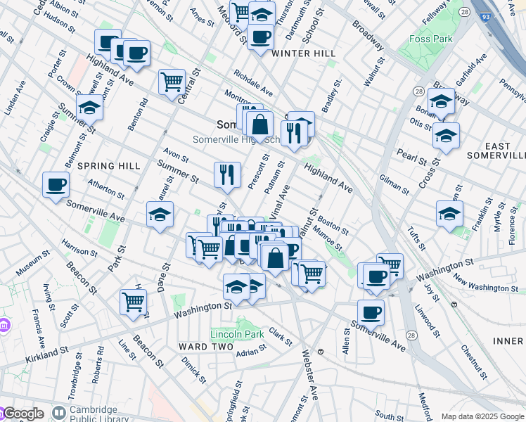 map of restaurants, bars, coffee shops, grocery stores, and more near 22 Putnam Street in Somerville