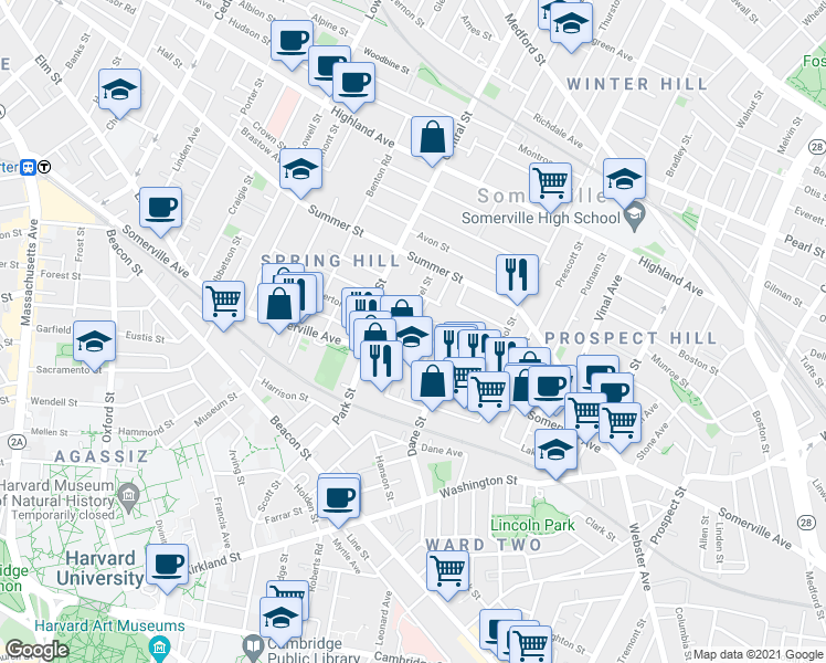 map of restaurants, bars, coffee shops, grocery stores, and more near 25 Laurel Street in Somerville