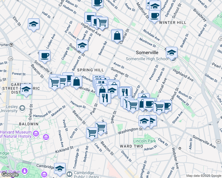 map of restaurants, bars, coffee shops, grocery stores, and more near 25 Laurel Street in Somerville