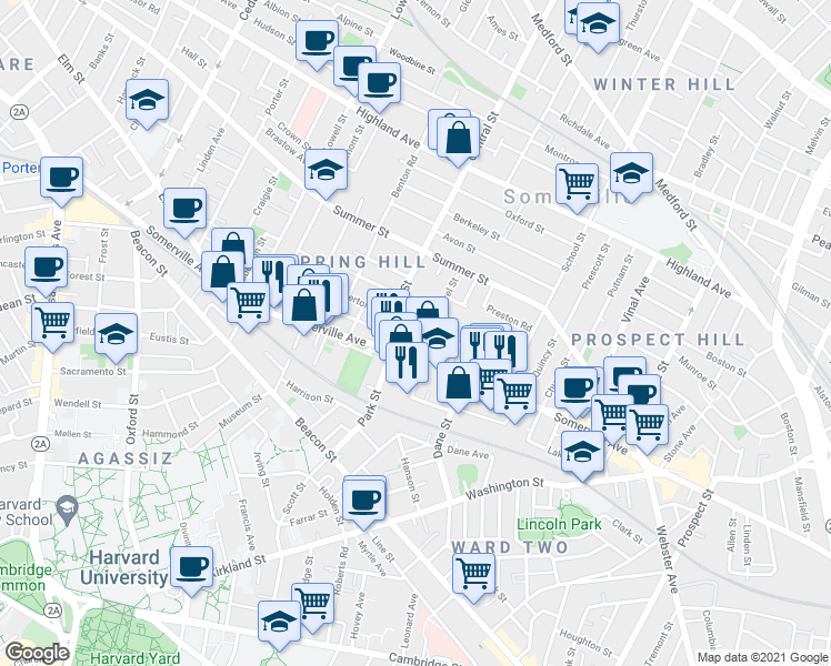 map of restaurants, bars, coffee shops, grocery stores, and more near 15 Central Street in Somerville