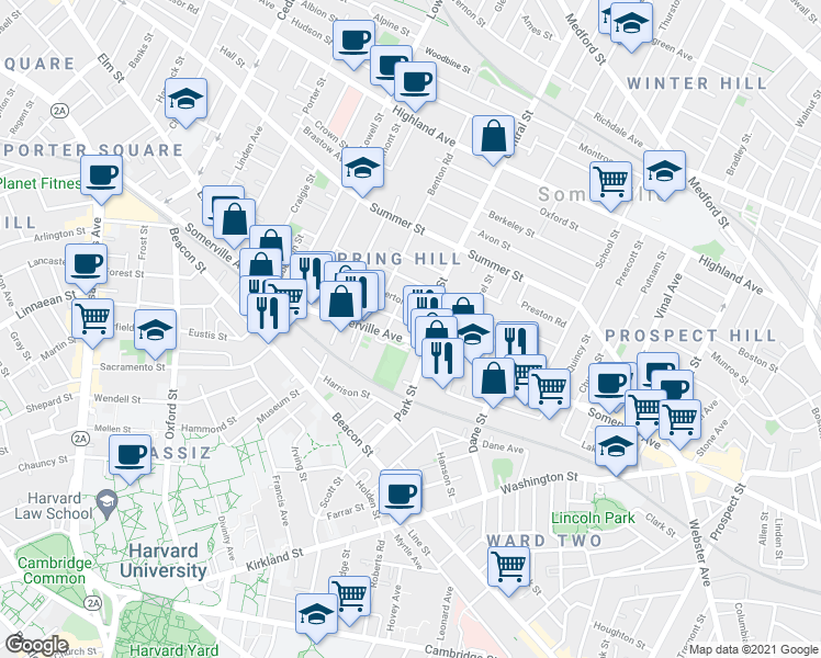 map of restaurants, bars, coffee shops, grocery stores, and more near in Somerville