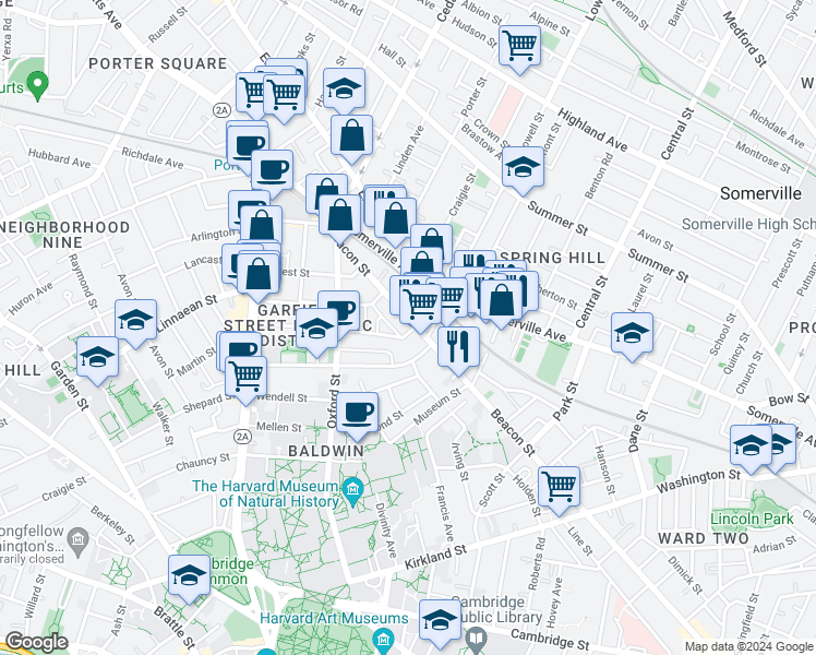 map of restaurants, bars, coffee shops, grocery stores, and more near in Somerville