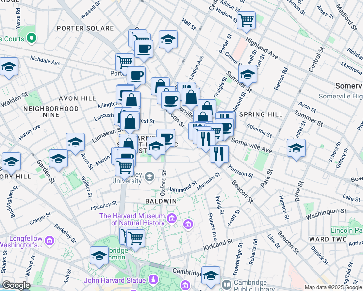 map of restaurants, bars, coffee shops, grocery stores, and more near 14 Traymore Street in Cambridge