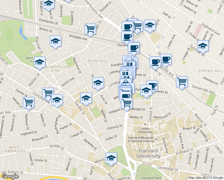 map of restaurants, bars, coffee shops, grocery stores, and more near 5 Washington Avenue in Cambridge