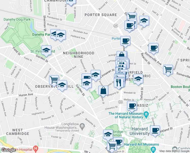 map of restaurants, bars, coffee shops, grocery stores, and more near 14 Avon Place in Cambridge