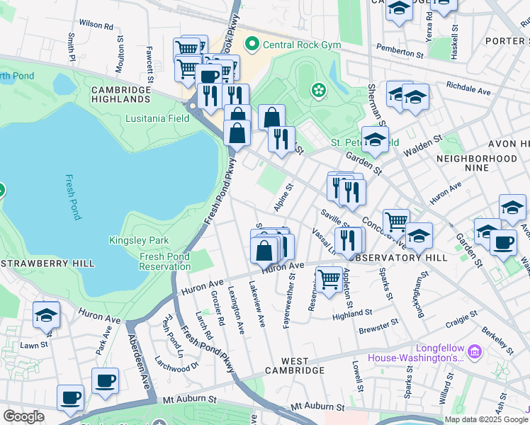 map of restaurants, bars, coffee shops, grocery stores, and more near 151 Vassal Lane in Cambridge