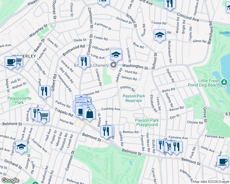 map of restaurants, bars, coffee shops, grocery stores, and more near 148 Oakley Road in Belmont