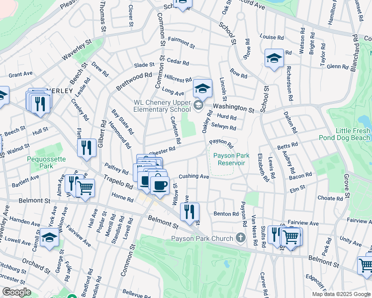 map of restaurants, bars, coffee shops, grocery stores, and more near 62 Chester Road in Belmont