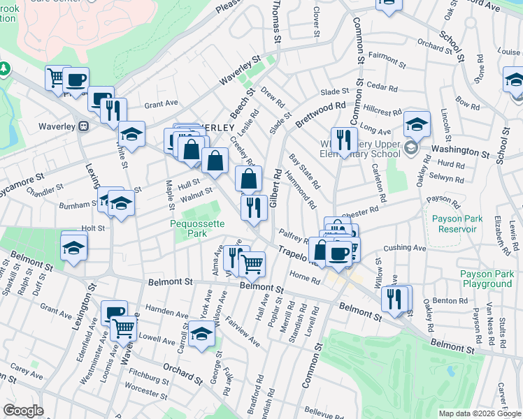 map of restaurants, bars, coffee shops, grocery stores, and more near 52 Gilbert Road in Belmont