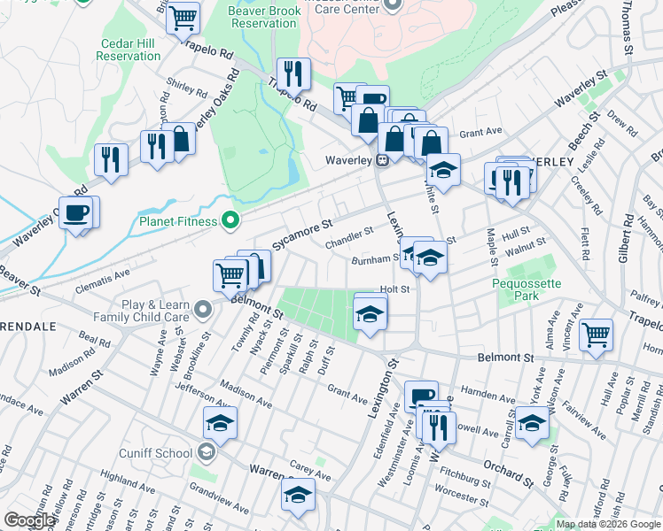 map of restaurants, bars, coffee shops, grocery stores, and more near 73 Burnham Street in Watertown