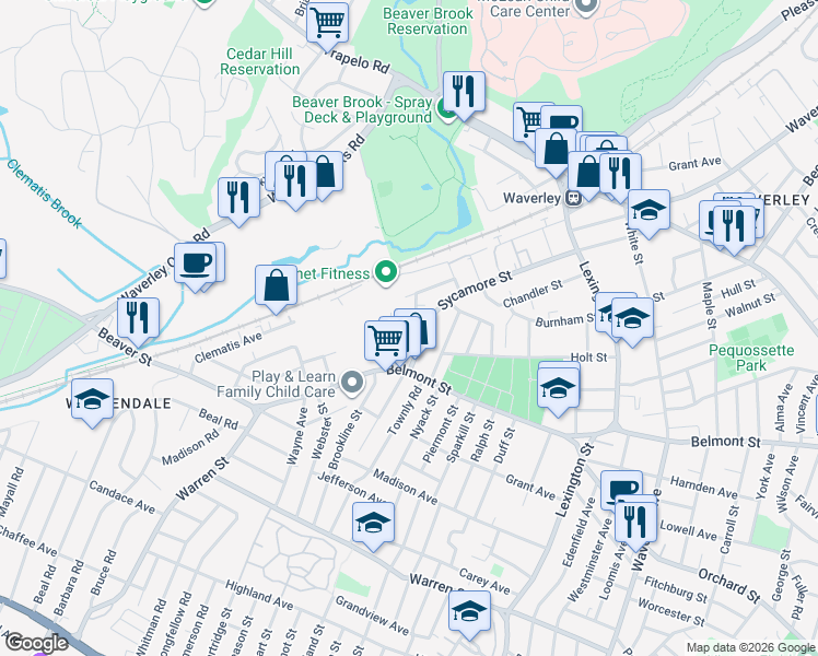 map of restaurants, bars, coffee shops, grocery stores, and more near 41 Circuit Lane in Waltham