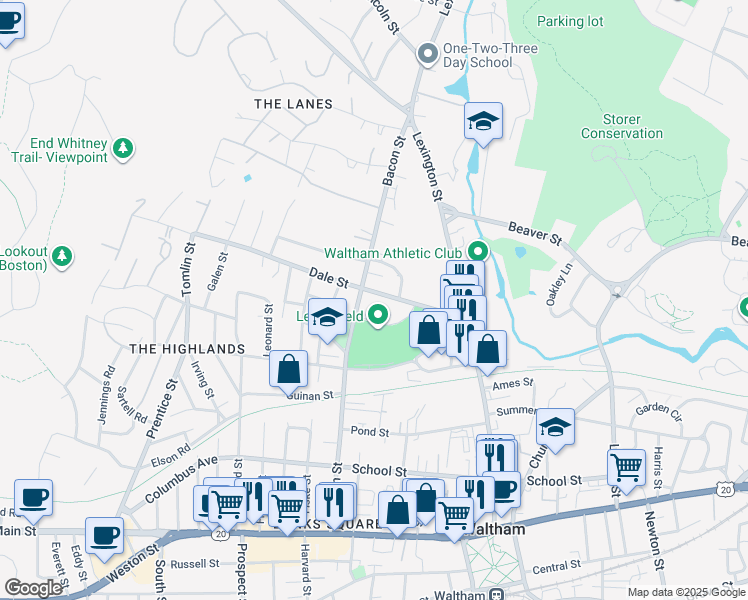 map of restaurants, bars, coffee shops, grocery stores, and more near 85 Dale Street in Waltham