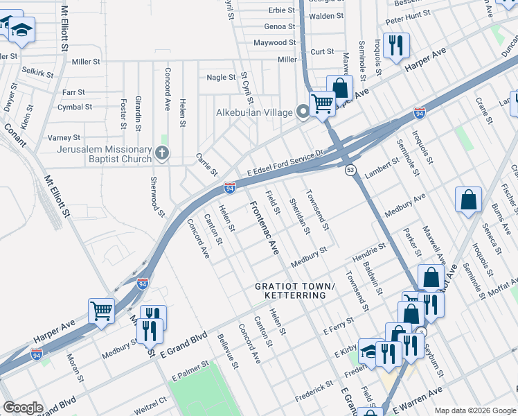 map of restaurants, bars, coffee shops, grocery stores, and more near 6215 Field Street in Detroit