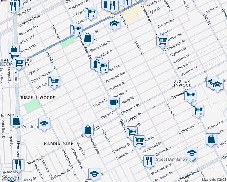map of restaurants, bars, coffee shops, grocery stores, and more near 3323 Cortland Street in Detroit