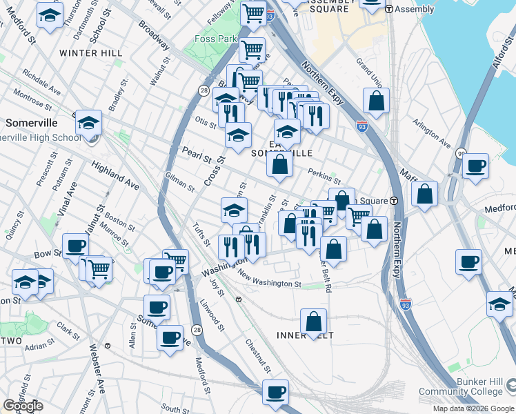 map of restaurants, bars, coffee shops, grocery stores, and more near 49 Franklin Street in Somerville